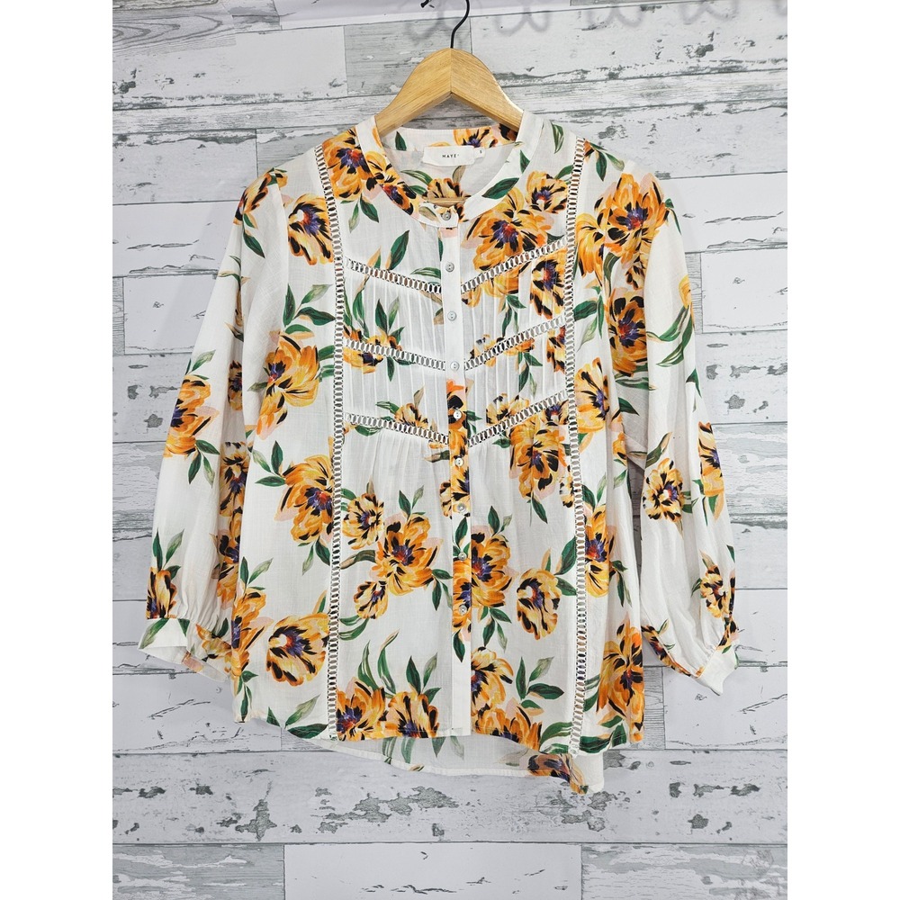 MAYE Floral Cotton Blouse White Yellow Orange Ladder Lace Pintuck Top Small